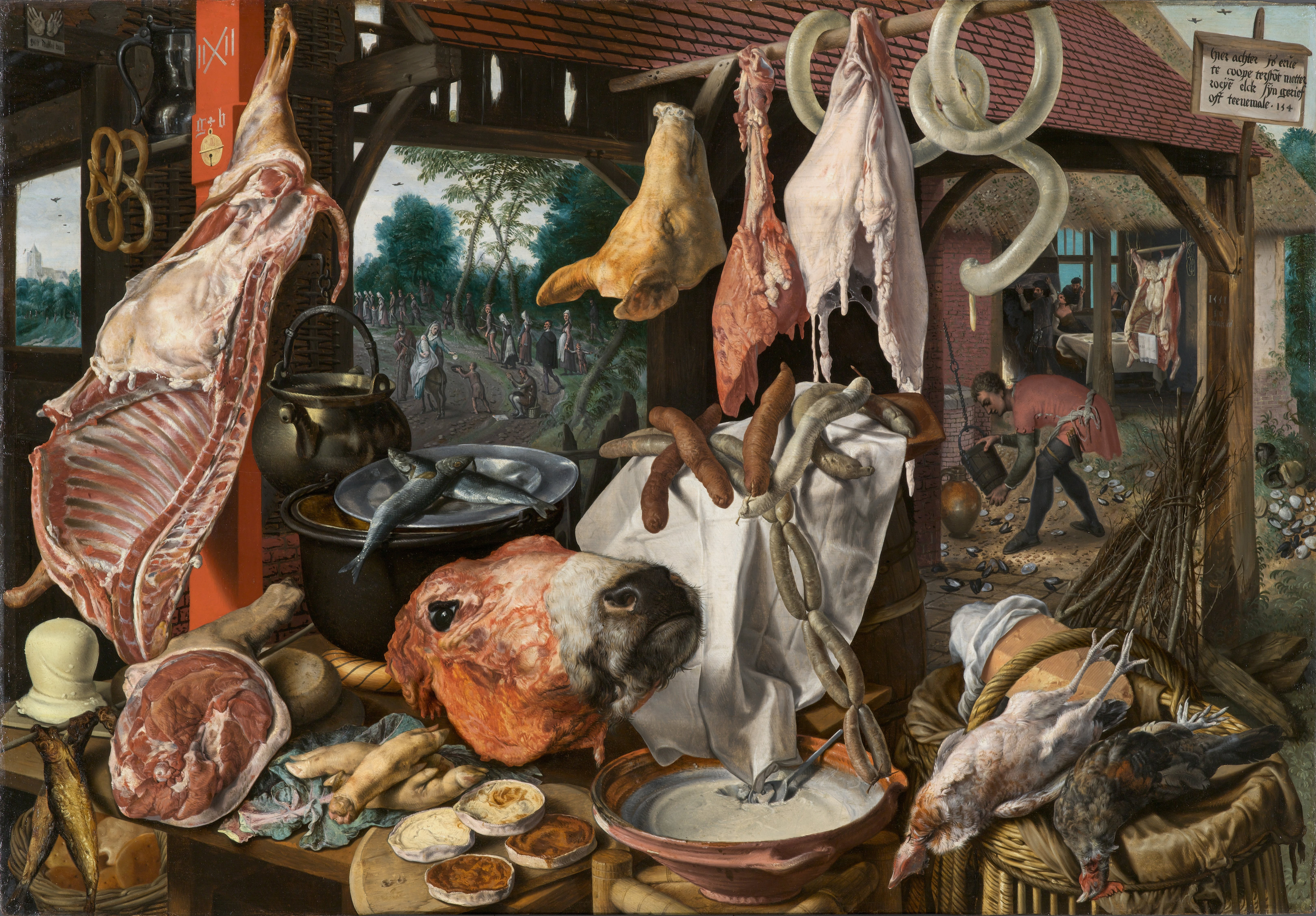 A Meat Stall with the Holy Family Giving Alms - Pieter Aertsen